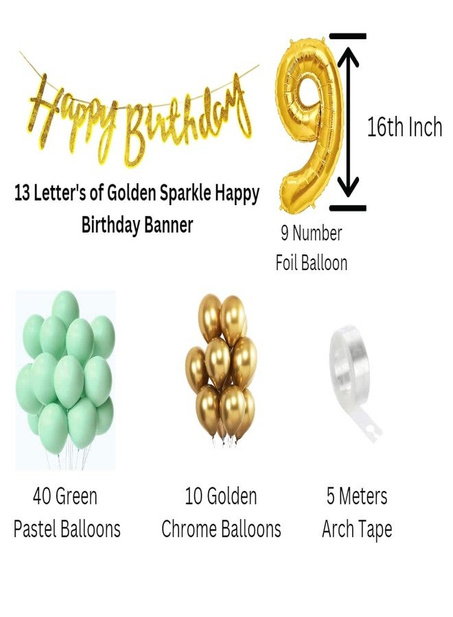 Flyloons زينة عيد ميلاد سعيد باللونين الأخضر والذهبي التاسع من فلاي لونز للبنات والأولاد، لافتة عيد ميلاد سعيد ذهبية لامعة، بالونات خضراء باستيل، بالون ذهبي كروم، شريط قوس، عناصر زينة عيد ميلاد للغرفة - Image 2